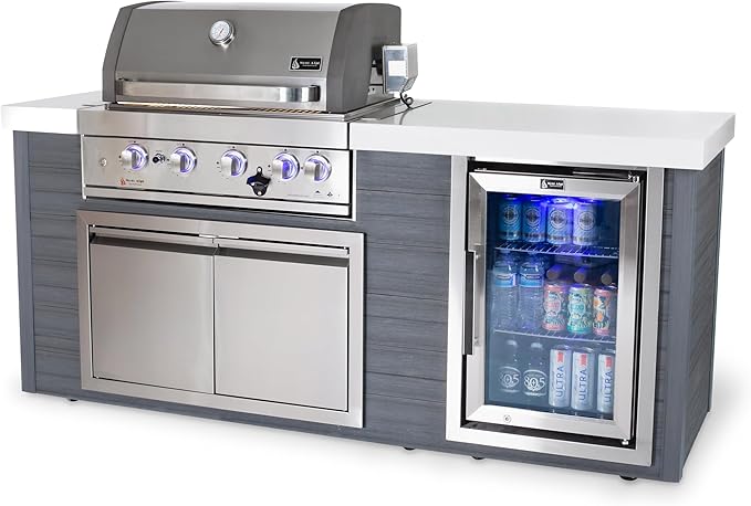 Mont Alpi Artwood Series - 78"W x 47"H x 27"D All Weather HDPE Outdoor Kitchen Island with Refrigerator & Double Access Doors + 32"W Stainless Steel 4-Burner Built-in BBQ Gas Grill with Rotisserie Kit