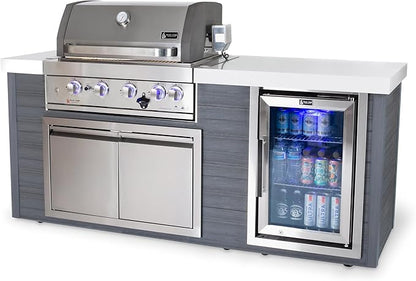 Mont Alpi Artwood Series - 78"W x 47"H x 27"D All Weather HDPE Outdoor Kitchen Island with Refrigerator & Double Access Doors + 32"W Stainless Steel 4-Burner Built-in BBQ Gas Grill with Rotisserie Kit