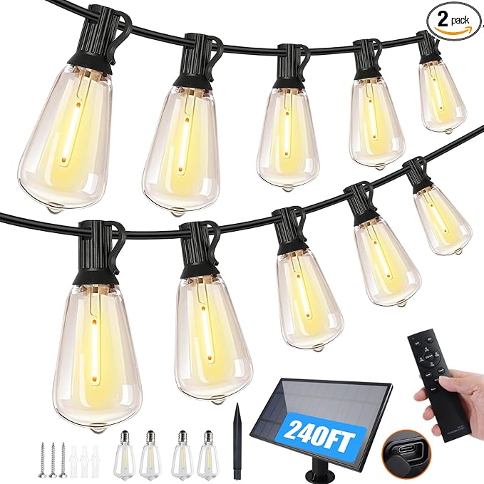 Bdrofn 2 Pack 120FT Solar String Lights Outdoor,Solar Patio Lights Waterproof with Remote & 80+4 Dimmable ST38 Shatterproof LED Bulbs,Commercial Grade Solar Powered String Lights for Outside