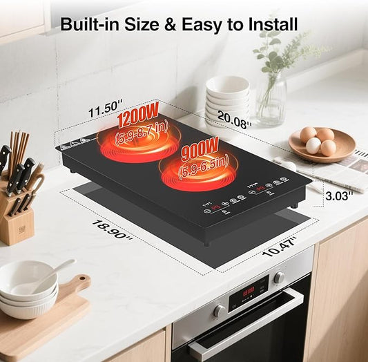 2100W Electric Cooktop 2 Burners 110V, 12" Electric Stove Top Hot Plate with Touch Control, Countertop & Built-in Ceramic Cooktop, Keep-Warm, Timer, Child Safety Lock, Compatible with All Cookware