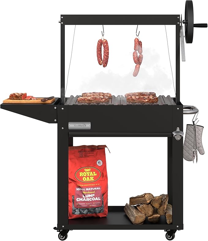 KoolMore 50 in. Charcoal Grill BBQ, Santa Maria Argentine Outdoor Grill with Interchangeable V Grates, Heavy Duty Barbecue Grilling Grill, Black