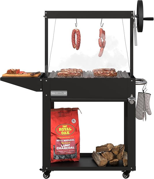 KoolMore 50 in. Charcoal Grill BBQ, Santa Maria Argentine Outdoor Grill with Interchangeable V Grates, Heavy Duty Barbecue Grilling Grill, Black