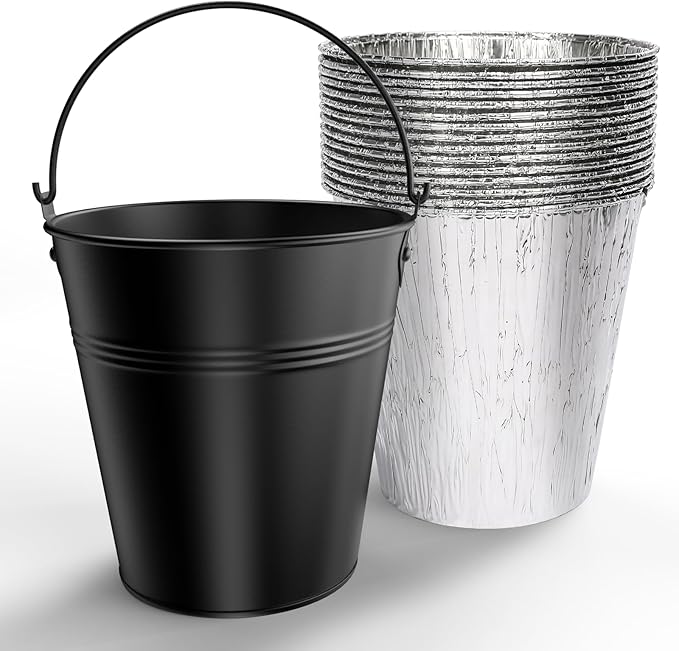 Drip Bucket and 15-Pack Disposable Foil Liners for Oklahoma Joe's, Traeger, Pit-Boss, Z Grill, Camp Chef, Grill Grease Liner Fits Most Offset Smoker, Rec Tec Pellet Grill Bucket, Black