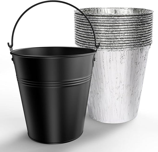 Drip Bucket and 15-Pack Disposable Foil Liners for Oklahoma Joe's, Traeger, Pit-Boss, Z Grill, Camp Chef, Grill Grease Liner Fits Most Offset Smoker, Rec Tec Pellet Grill Bucket, Black