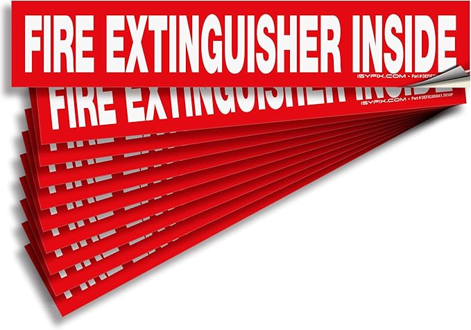 iSYFIX Fire Extinguisher Inside Sticker Sign – 10 Pack 9x1.7 Inch – Self-Adhesive Reflective Vinyl Decals, Laminated UV, Weather, Scratch, Fade Resistance, for Cars, Trucks, Trailers & Vehicles