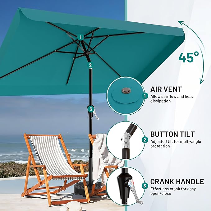 AreShark 6.5 x 10 FT Rectangular Valance Patio Umbrella, Outdoor Umbrella with Tilt and Crank, Market Table Umbrellas W/ 6 Ribs UV Protection for Garden, Deck, Backyard and Pool, Lake Blue