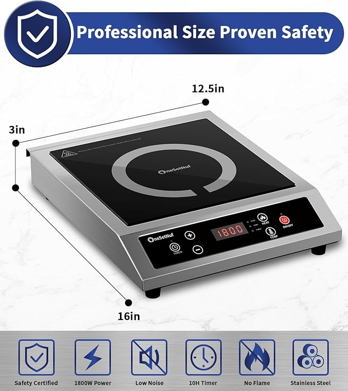 Stainless Steel Induction Cooker, Professional-Grade Portable Induction Cooktop with Precise Temperature Control, 10-Hour Timer, 1800W Powerful Countertop Hot Plate