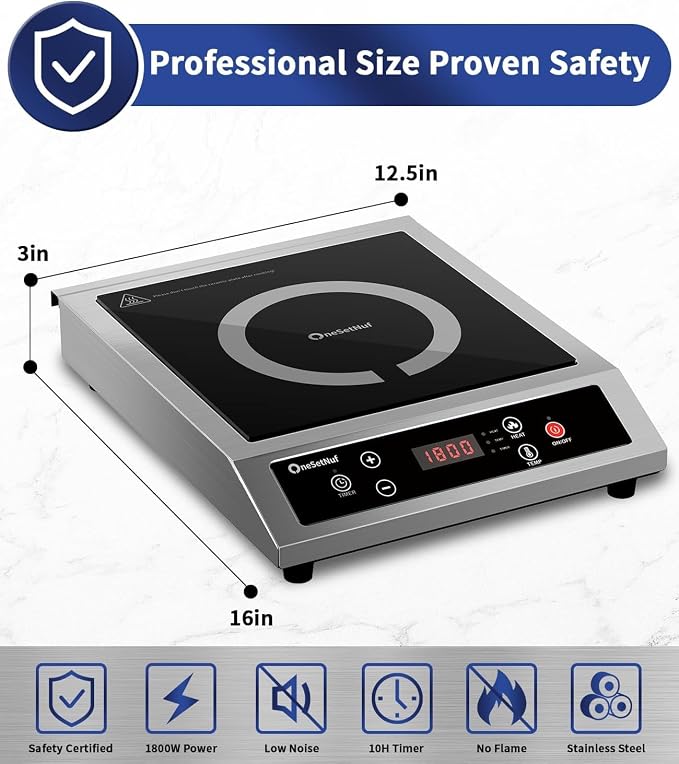 Stainless Steel Induction Cooktop, Professional-Grade Portable Burner 1800W | Precise Temperature Control, 10-Hour Timer, Powerful Countertop Hot Plate for Home, Camping & RV