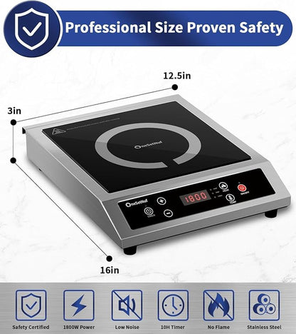 Stainless Steel Induction Cooktop, Professional-Grade Portable Burner 1800W | Precise Temperature Control, 10-Hour Timer, Powerful Countertop Hot Plate for Home, Camping & RV