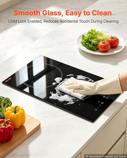 VEVOR Electric Cooktop 12inch 2 Burners Portable Stove Top 1800W 120V, Ceramic Countertop/Built-in Radiant Electric Stove, with 9 Power Levels, Timer, Child Lock, Over-Heat Guard, Touch Control
