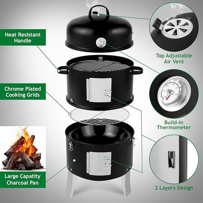 18.5" Vertical Steel Barrel Charcoal Grill,Metal Outdoor Barbecue Smoker,Portable Vertical Charcoal Smoker Grill,Heavy Duty Outdoor BBQ Grill,with Thermometer,for Garden Patio Beach Backyard (Black)