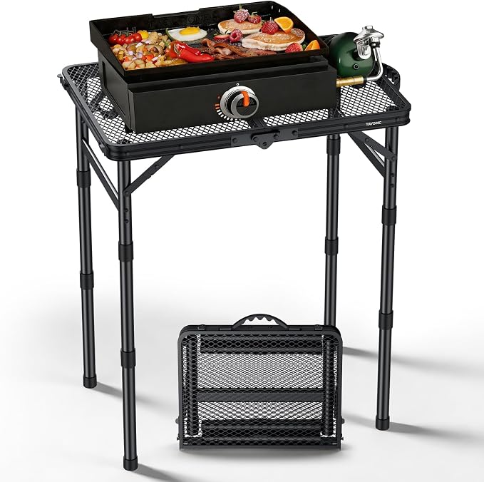 2ft Portable Grill Table, Heat-Resistant Tabletop 3 Heights 27.5" | Aluminum Grill Side Table, Waterproof & Easy to Clean, Lightweight, Portable Handle for Travel Cooking BBQ, 24" x 16", Black