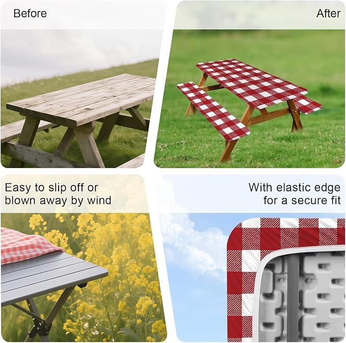 FOREVER QUEEN Picnic Table Cover with Bench Covers 72in,Waterproof Windproof Fitted Tablecloth,Red White Buffalo Plaid Camping Essentials with Drawstring Bag for Patio,Park & Backyard