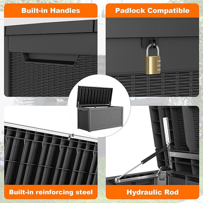 320 Gallon Outdoor Storage Box Waterproof, Resin Lockable Deck Box with Lid, Large Capacity Weatherproof Container for Patio Furniture Pool Accessories, Cushions(Black, 320 Gallon)