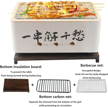 Hibachi Grill BBQ Foldable Barbecue Charcoal Grill Easy for Installation with Adiabatic Wood Board for Indoor and Outdoor Cooking Backyard Camping Picnics Beach