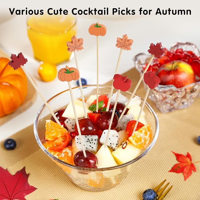 Minisland Red Apple Cocktail Picks, 5 Inch Long Bamboo Fancy Toothpicks for Appetizers, Decorative Fall Halloween Thanksgiving Holiday Party Food Drinks Garnish Fruit Skewer Sticks 100 Counts -MSL422
