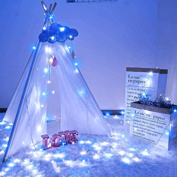 Vivideal 300 LED Christmas Lights Outdoor, 100ft Christmas String Lights 8 Modes Plug in Waterproof Fairy Lights with Timer Memory for Indoor Outside Bedroom Home Party Decoration, Blue&White