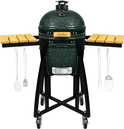 London Sunshine 15-inch Ceramic Kamado Charcoal BBQ Grill & Smoker with Locking Casters, Foldable Side Shelves, Stainless Steel Grates, and Tall Stand (Green)
