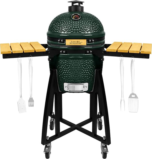 London Sunshine 15-inch Ceramic Kamado Charcoal BBQ Grill & Smoker with Locking Casters, Foldable Side Shelves, Stainless Steel Grates, and Tall Stand (Green)