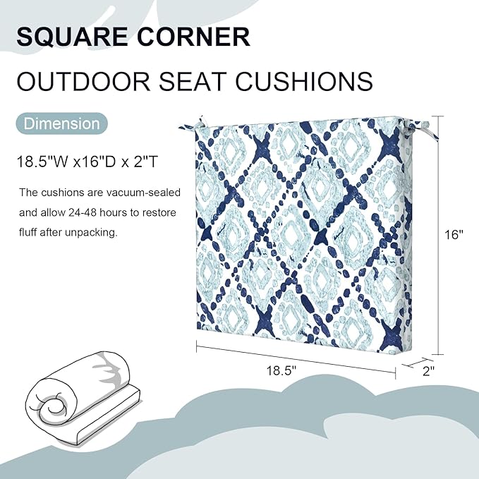 DYTXIII Set of 4 Outdoor Chair Cushions, Water Resistant 18.5"x16"x2" Square Seat Cushion for Patio Dining Chairs, High-Density Replacement Pads for Indoor Outdoor Furniture - Boho Geometry Blue