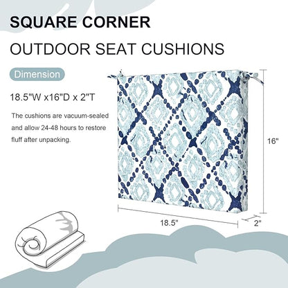 DYTXIII Set of 2 Outdoor Chair Cushions, Water Resistant 18.5"x16"x2" Square Seat Cushion for Patio Dining Chairs, High-Density Replacement Pads for Indoor Outdoor Furniture - Boho Geometry Blue
