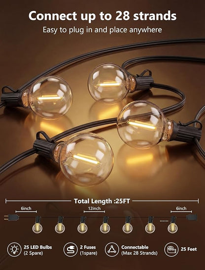 LED Outdoor String Lights, 25Ft G40 Globe Patio String Light Waterproof with 27 LED Warm White Bulbs, Hanging Outdoor Lights for Backyard Garden Porch Bistro Wedding Party Holiday Decor, Black Wire
