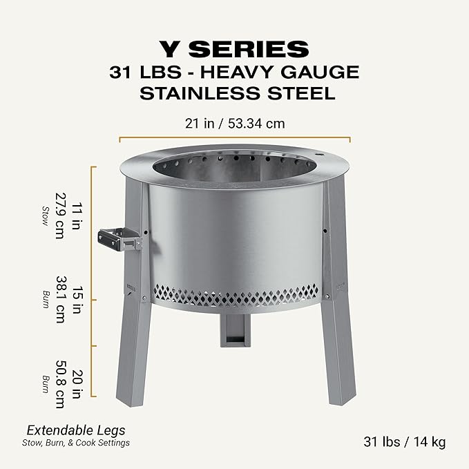 Breeo Smokeless Fire Pit (Y Series - Stainless Steel) | 21 inch Portable Smokeless Firepit for Outside | 31 Pounds | Ideal for Families Compatible with Wide Range of Breeo Accessories