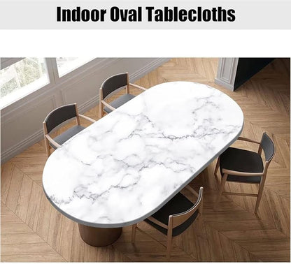 White Marble Polyester Oval Tablecloths, Ruitic Black and Grey Marble Pattern Elastic Fitted Table Cover, Table Cloth for Kitchen Dining, Party, Holiday, Christmas, Buffet, Fits up to 52x70 In Tables