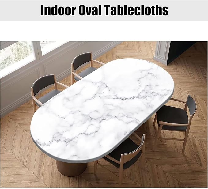 White Marble Polyester Oval Tablecloths, Ruitic Black and Grey Marble Pattern Elastic Fitted Table Cover, Table Cloth for Kitchen Dining, Party, Holiday, Christmas, Buffet, Fits up to 42x60 In Tables