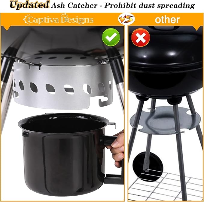 Captiva Designs 22-inch Kettle Charcoal BBQ Grill with Enameled Lid and Firebowl, Extra Thick Chromplated Grate & Slid-out Ash Catcher, Barbecue Grill Outdoor Cooking, Picnic, Patio, Backyard