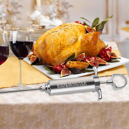 BSQ MONSTER Meat Injector Syringe Kit with 4 Professional Marinade Injector Needles for BBQ Grill Smoker, Turkey and Brisket; 2-oz Large Capacity, Including Paper User Manual, Recipe E-Book (PDF)