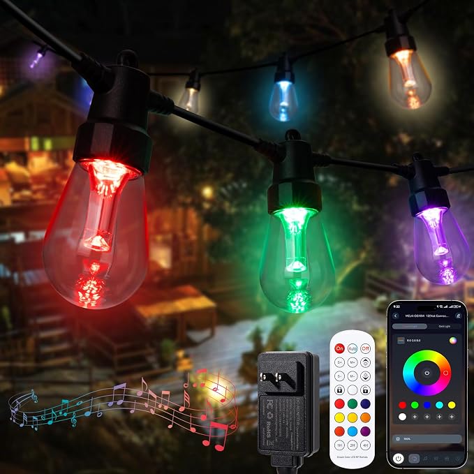 TviewSmart Outdoor String Lights Waterproof Color Changing 104FT (2x52FT) | Warm White, APP & Remote Control, Custom Colors, Timer, Shatterproof Hanging Lights for Outside Backyard Porch Balcony Deck