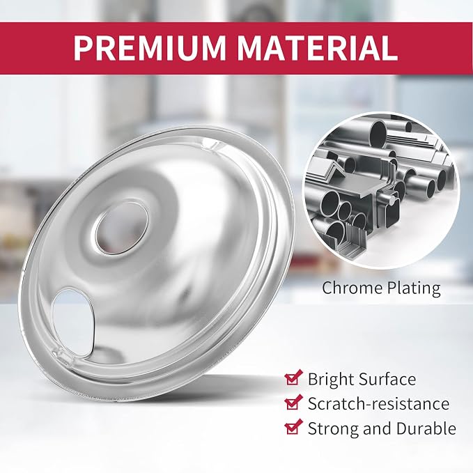 4-Piece Drip Pans Set - Compatible with GE Stoves - Chrome Finish Electric Stove Burner Drip Pans - 3 x 6inch, 1 x 8inch Stove Drip Pans - GE Stove Drip