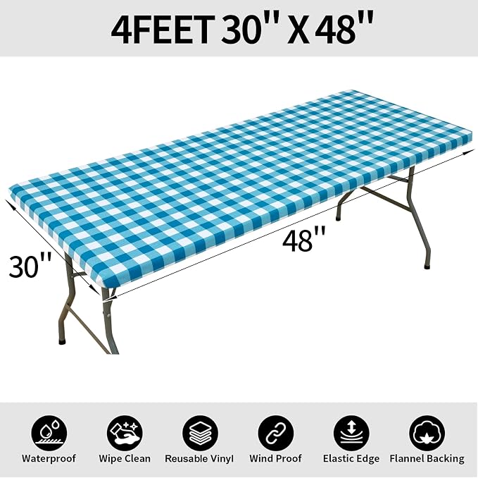 Smiry Rectangle Picnic Table Cloth, Elastic Waterproof Fitted Vinyl Tablecloths, Flannel Backed Buffalo Plaid Table Covers for Dining, Camping, Outdoor (White and Turquoise, 30" x 48")