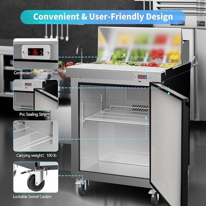 29" W Commercial Refrigerator Sandwich Salad Prep Table Refrigerator Stainless Steel with 8 Pans, Kitchen Equipment for Restaurant, Bar, Shop, Buffet, etc