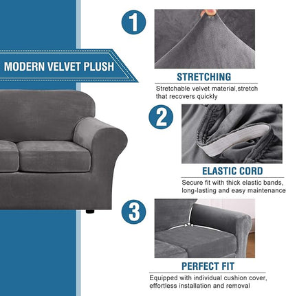 H.VERSAILTEX Rich Velvet Stretch 2 Piece Cover Chair Slipcover Sofa Cover Furniture Protector Couch Soft with Elastic Bottom Chair Couch Cover with Arms Width Up to 49 Inch(Chair,Grey)