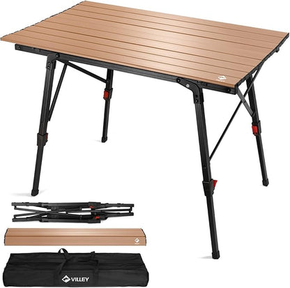 VILLEY Portable Camping Table with Adjustable Legs, Lightweight Aluminum Folding Beach Table with Carrying Bag for Outdoor Cooking, Picnic, Beach, Backyards, BBQ and Party - Gold