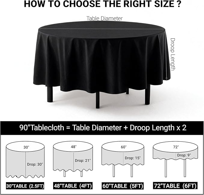 MRJ Round Tablecloth 90 Inch Washable Resistant Wrinkle Polyester Table Cloth Black Fabric Table Cover for Buffets Parties Picnics