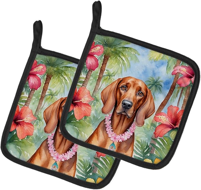 Caroline's Treasures Redbone Coonhound Luau Pair of Pot Holders Kitchen Heat Resistant Pot Holders Sets Oven Hot Pads for Cooking Baking BBQ, 7 1/2 x 7 1/2
