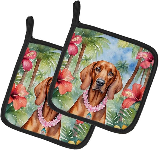 Caroline's Treasures Redbone Coonhound Luau Pair of Pot Holders Kitchen Heat Resistant Pot Holders Sets Oven Hot Pads for Cooking Baking BBQ, 7 1/2 x 7 1/2