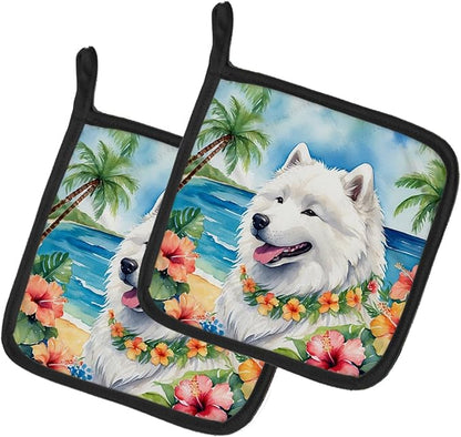 Caroline's Treasures Samoyed Luau Pair of Pot Holders Kitchen Heat Resistant Pot Holders Sets Oven Hot Pads for Cooking Baking BBQ, 7 1/2 x 7 1/2