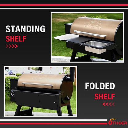 Utheer Upgraded Folding Front Shelf for Traeger Pro 34 Series, Century 885, Texas Elite 34, 37"x12" Heavy-Duty BBQ Prep Table with Cutting Board, Basin, 5 Hooks, 60-LB Load Steel Folding Grill Shelf