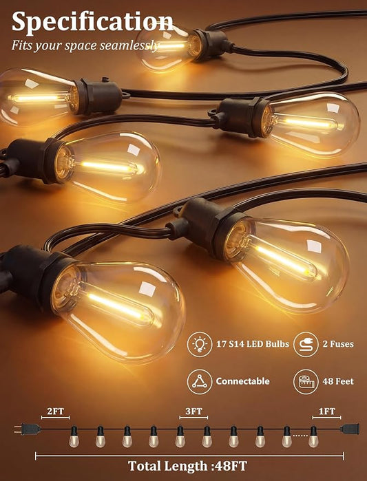 S14 Outdoor String Lights 48FT, Waterproof Patio Lights with 17 Shatterproof LED Bulbs (1 Spare), UL Certified Commercial Grade Black Wire Hanging Lights for Outdoor, Indoor, Backyard, Porch