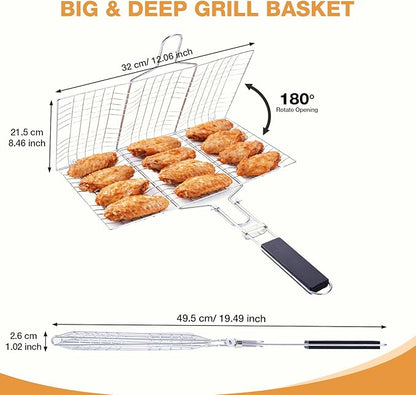 Grill Basket for Veggies, Fish Grill Basket, Folding Portable Stainless Steel BBQ Grilling Baskets for Outdoor Grill (Stainless Steel)