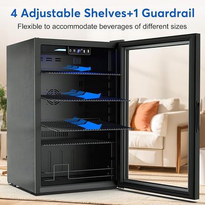 FoMup Beverage Refrigerator 150 Can with Glass Door – Mini Drink Cooler with Reversible Door, Safety Lock & Temperature Control, Small Fridge for Beer Soda Wine, Compact for Dorm Office Hotel