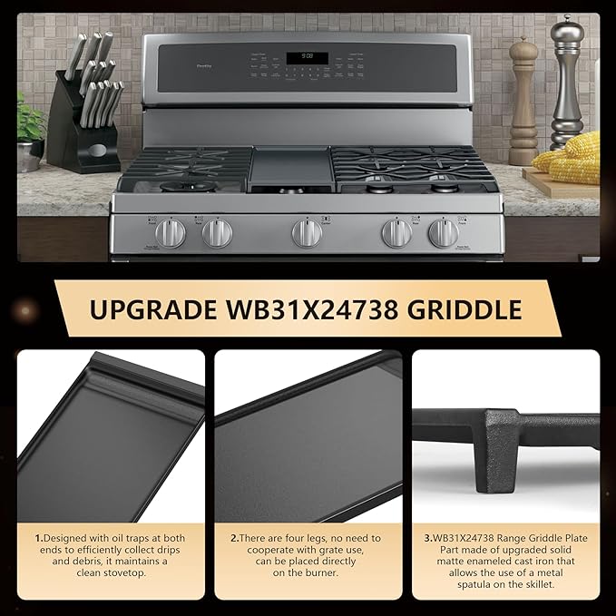 UPGRADED Cast Iron Griddle for GE Gas Stove Griddle Replacement Parts WB31x24738 JGB700SEJ4SS JGSS66SEL3SS Pan Stove Top Electric Stovetop
