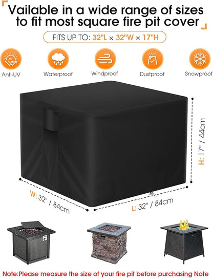POMER Fire Pit Cover, Square 32x32x17 inch Outdoor Fireplace Cover for 28/30/32 in Gas Fire Table Waterproof Firepit Covers