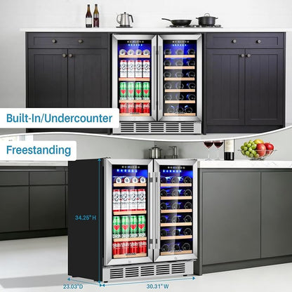 30 Inch Wine and Beverage Refrigerator Dual Zone Wine Fridge Beverage Cooler with Glass Door, Large Capacity Holds 110 Cans and 30 Bottles Built In or Freestanding for Home Bar, Kitchen