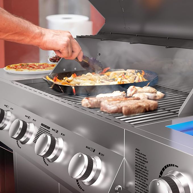 4 Burner Propane BBQ Grill with Side Burner, Stainless Steel Gas Grill with Built-in thermometer, 58,000 BTUs Output for Outdoor Cooking and Patio Backyard Barbecue