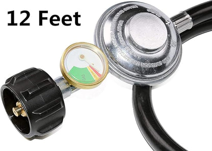 12 Feet Propane Regulator Hose with Propane Tank Gauge Universal Grill Regulator Replacement Parts, QCC1 Hose and Regulator for Most LP Gas Grill, Heater and Fire Pit Table,3/8" Female Flare Nut